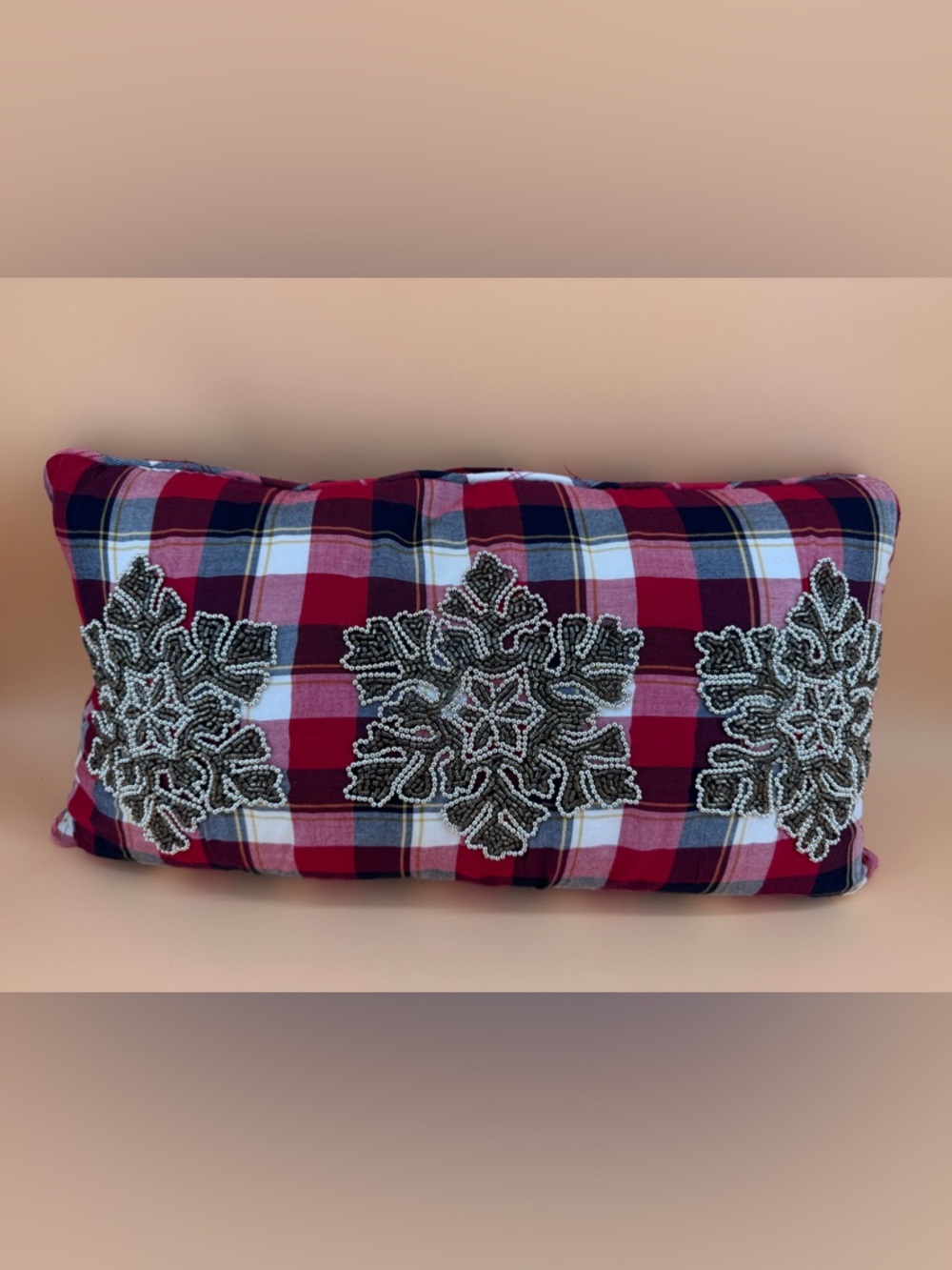 BELLA LUX Plaid Christmas Lumbar Cotton Pillow w/ Large Beaded Snowflakes